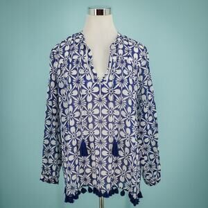 Roller Rabbit Size Small S Blue Floral Tie Tassel Fringe Long Sleeve Cotton Top